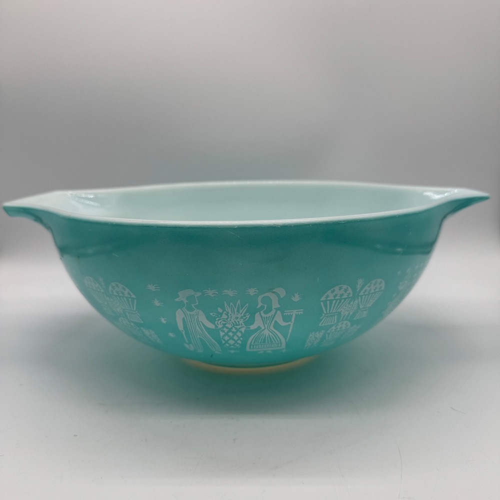 Vintage Pyrex Amish Butterprint Turquoise Cinderella Mixing Bowl 4 Qt Model 444